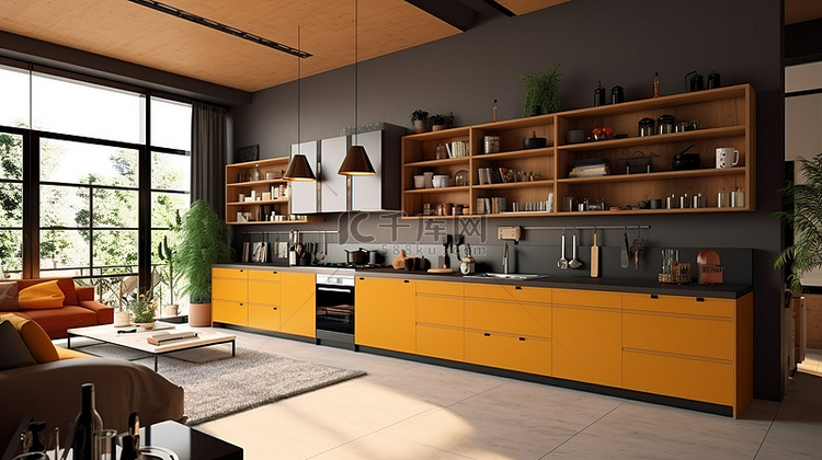 厨房和客厅设计 3D 渲染，配