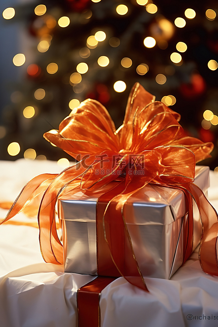 桌子上用红丝带包裹的圣诞礼物