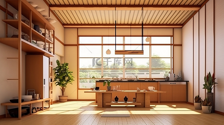 日式厨房内部的 3D 渲染