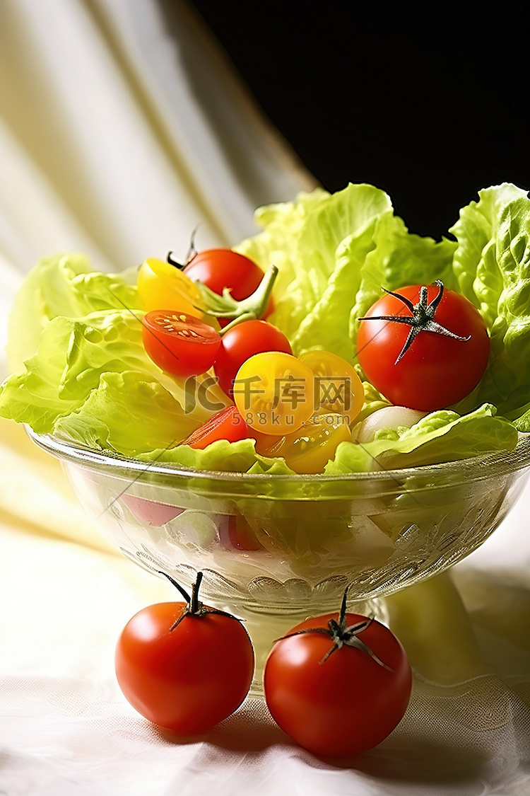 碗里的绿色沙拉，配西红柿和生菜