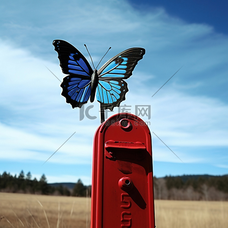 一只蝴蝶停在乡村的邮箱顶上