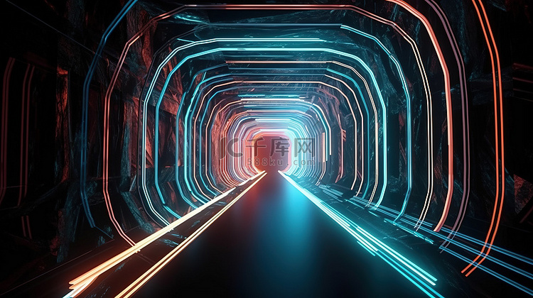 发光霓虹灯和 3D 渲染隧道的