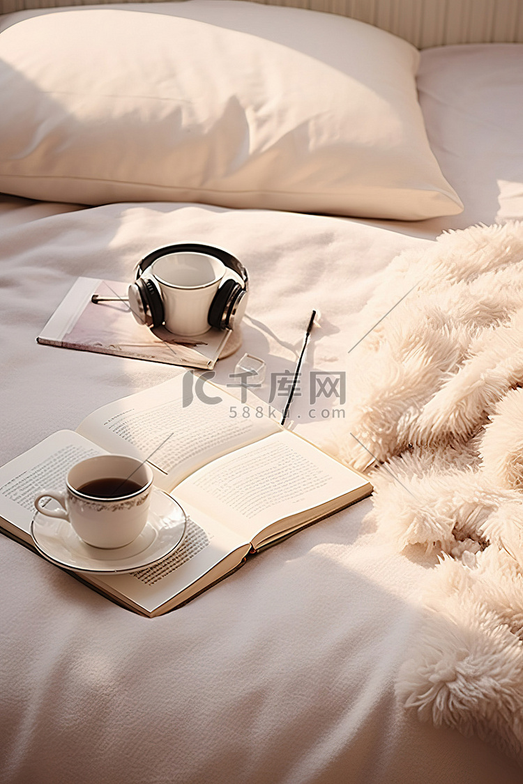 白色的地毯用来坐，一副耳机和书