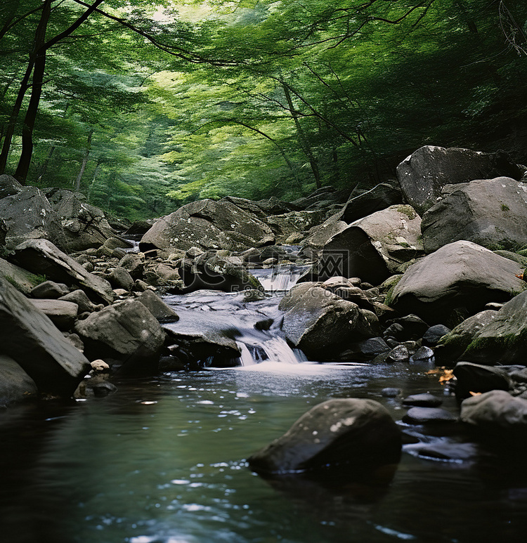 一条小溪流过散布在树林里的巨石