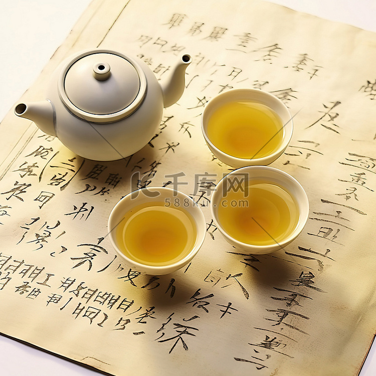 3杯泡好的茶和东方文字