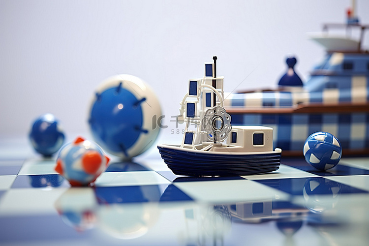 航海主题的玩具坐在方格瓷砖表面