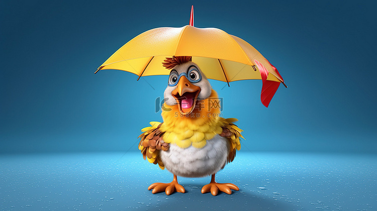 有趣的 3d 家禽抓着雨伞