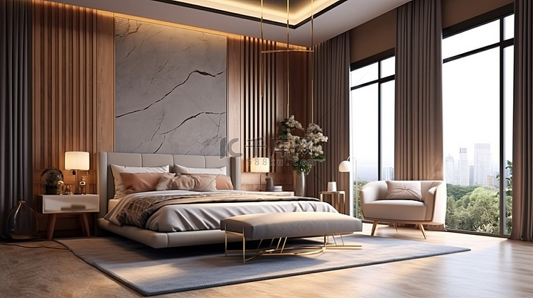 现代 3D 渲染亚洲风格的卧室