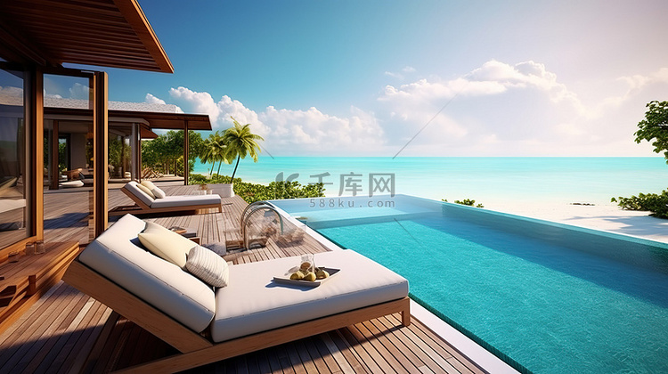 豪华海景泳池别墅的 3D 渲染