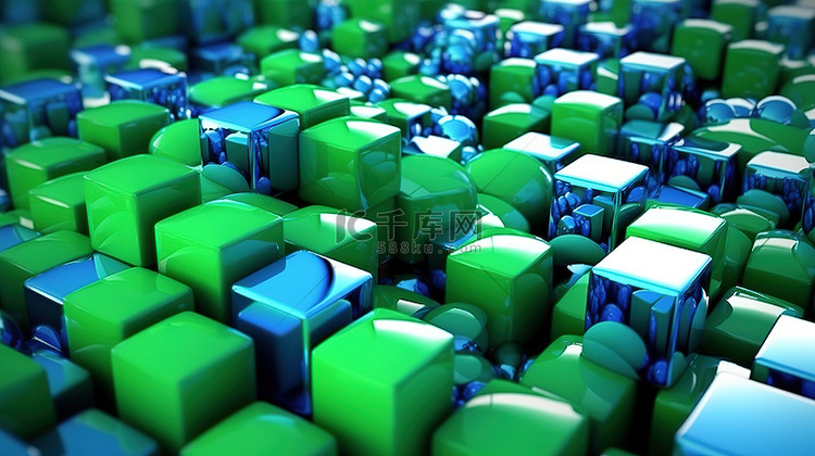 绿色和蓝色立方体和球的抽象 3