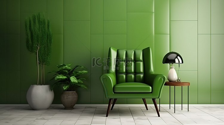 绿色扶手椅和金属桌子靠在空墙上