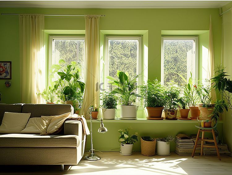 充满窗户和植物的家中的客厅