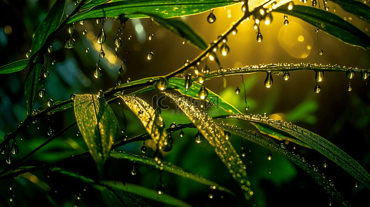 雨中森林光线植物叶子自然背景