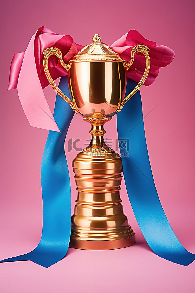 铜奖奖杯金丝带蓝色背景优质免版