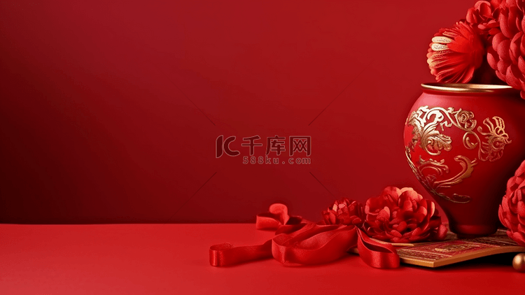 红色罐子花卉丝带中国风格广告背