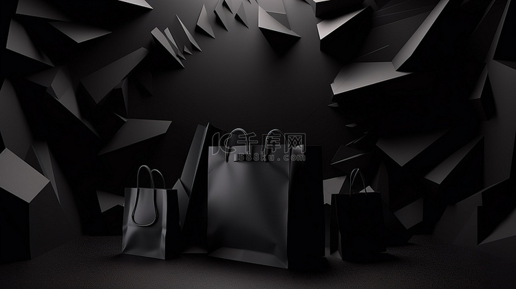 3D 渲染的购物袋在抽象的黑色