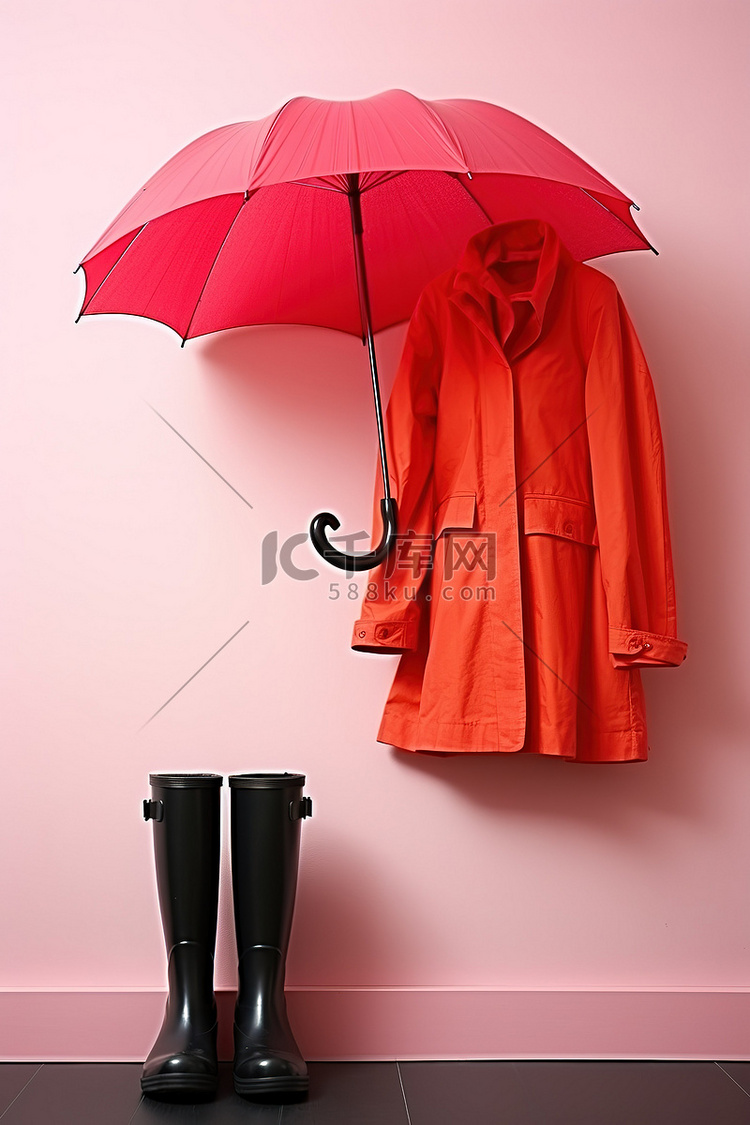 一把黑色的雨伞一件红色的雨衣和