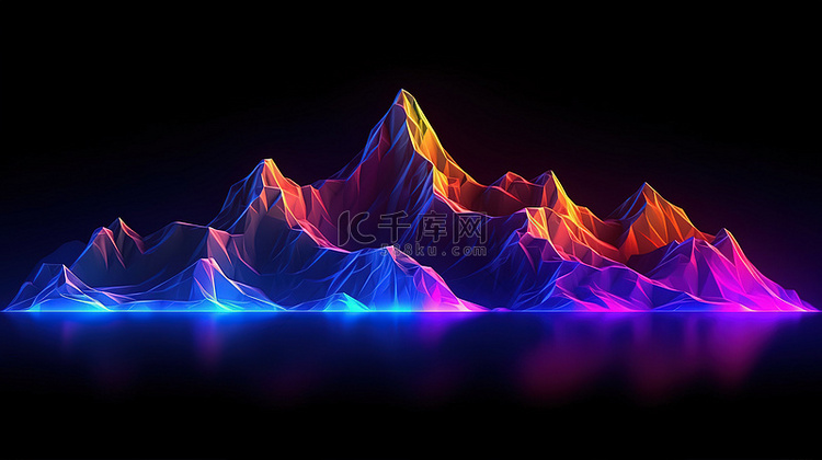 霓虹灯照亮的低聚山景观 3D 插图
