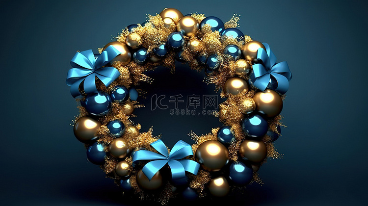 蓝色圣诞花环与金色铃铛的 3D