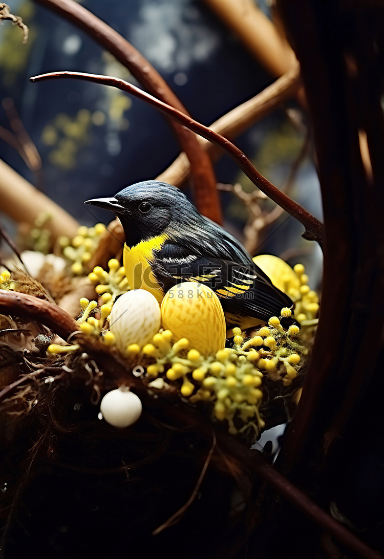 黑色和黄色的鸟站在树上的巢上