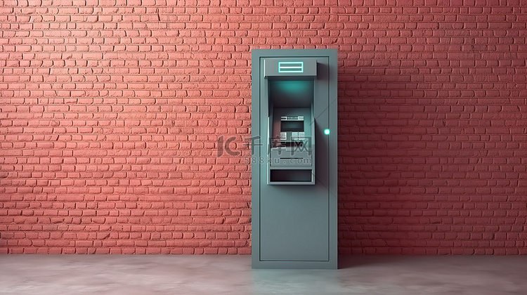 银行砖墙内内置 ATM 机的 3D 渲染