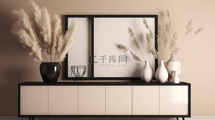 现代室内设计模型米色墙，黑色框