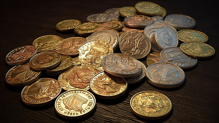 一组美元硬币的 3D 视觉表示