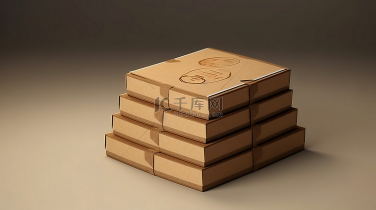 堆满棕色披萨盒的 3D 展示盒
