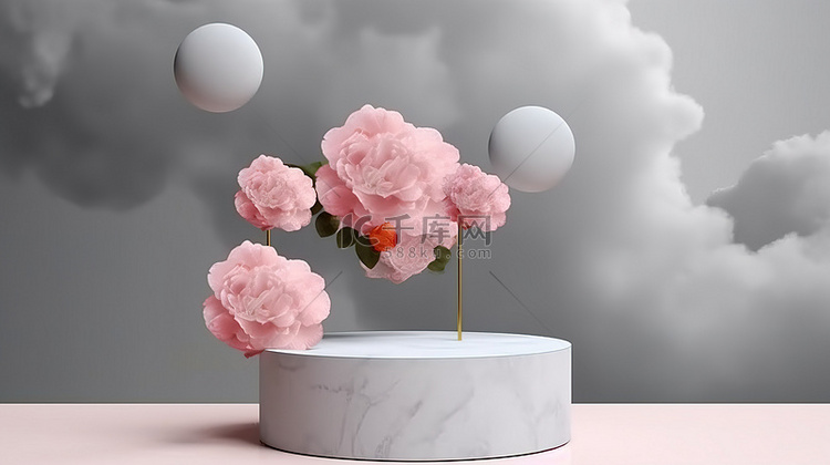 几何讲台悬浮在宁静的粉红玫瑰景