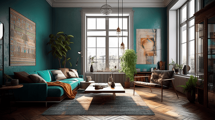 波西米亚风格蓝色的客厅