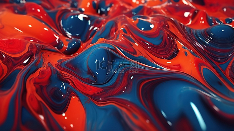 红色和蓝色液体玻璃的动态波抽象