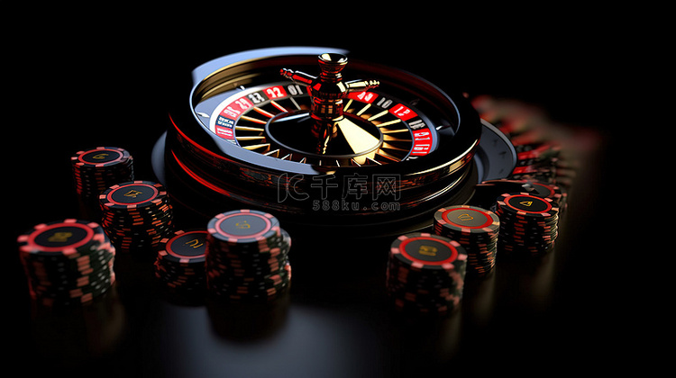 深色背景下黑色赌场轮盘上扑克筹