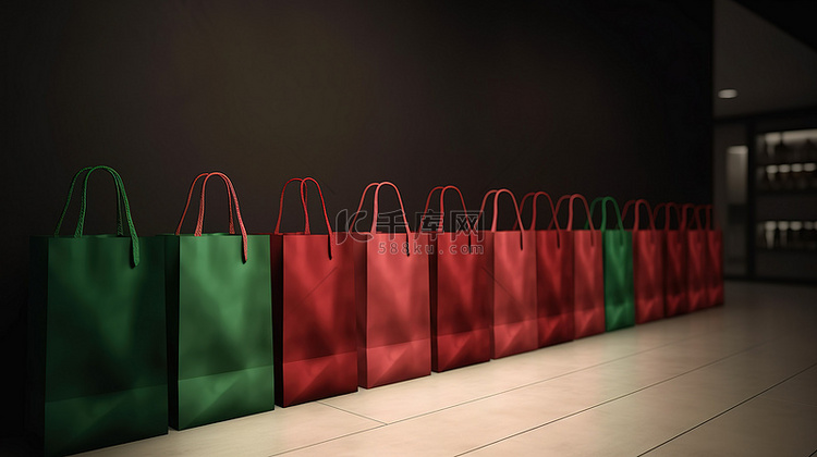 3d 渲染一排红色和绿色的购物袋