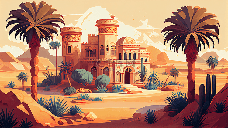 建筑卡通沙漠城堡背景