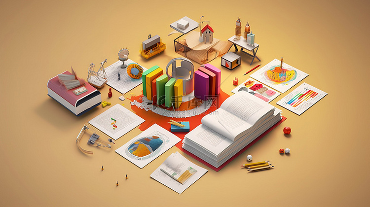 教育企业的 3D 图表和元素 