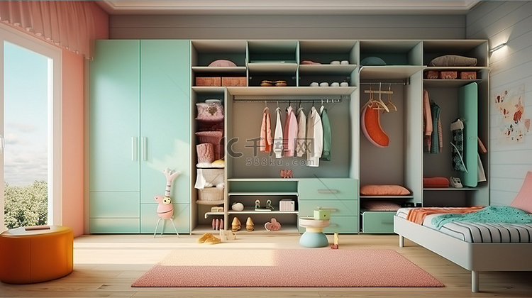 3D 渲染的儿童房配有彩色衣柜