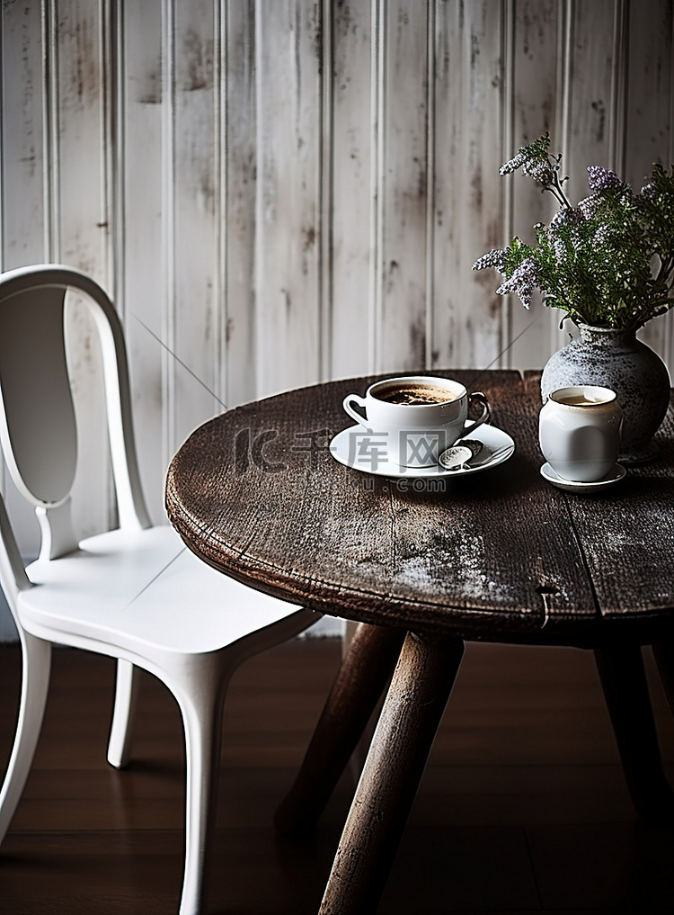 木桌上的白色椅子和茶具
