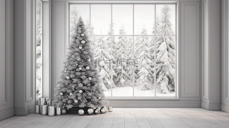 时尚室内 3D 渲染中的当代圣诞树