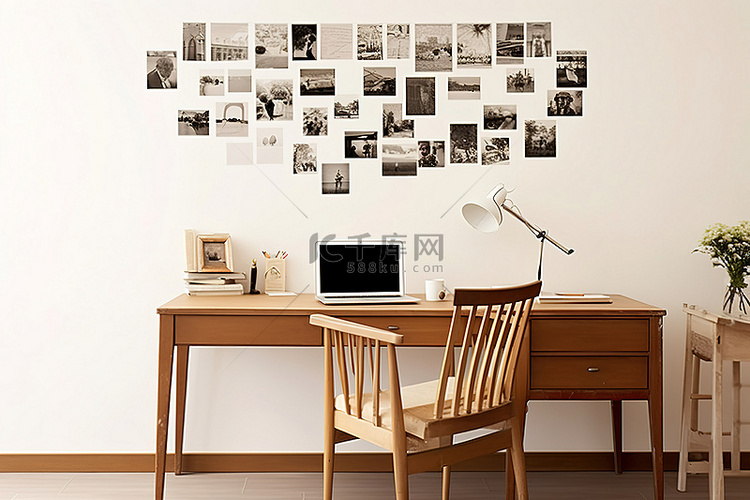 木桌上的家庭照片墙