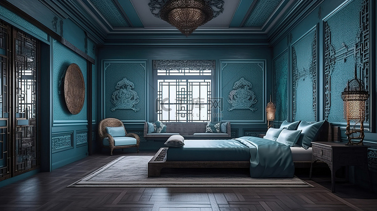 度假酒店精致的中式卧室套房，蓝