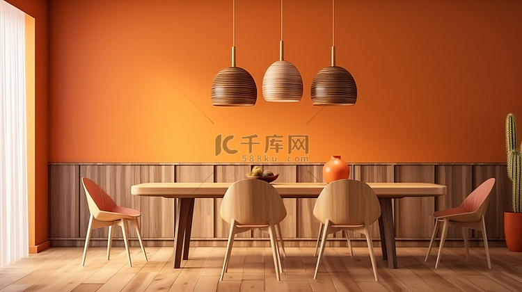 3D 渲染的餐厅配有和谐的橙色