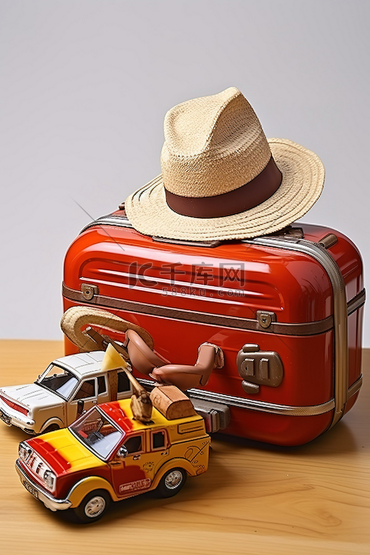 旅行主题帽子手提箱和玩具车