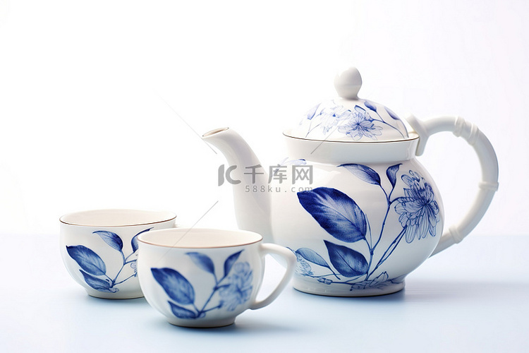 白色背景中新鲜的蓝色和白色茶杯