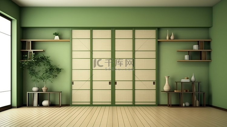 日本风格的绿色房间室内设计，配