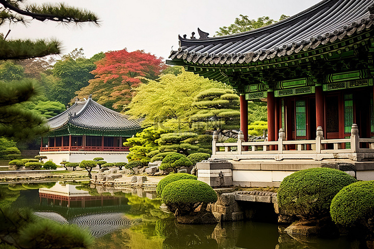 东方亚洲风格建筑周围的美丽花园