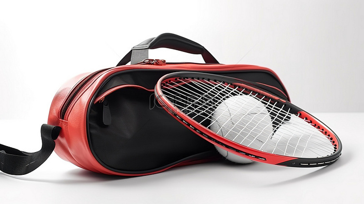 网球拍袋和球的白色背景 3d 