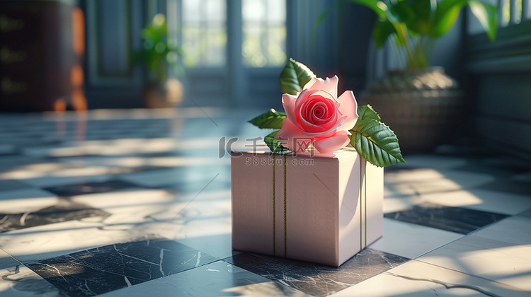 房间桌子上的礼物和花朵设计图