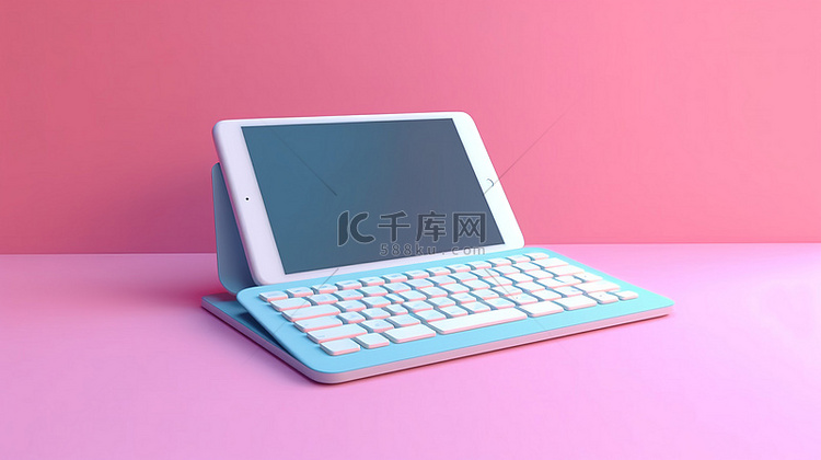 蓝色粉色背景上带键盘的智能平板