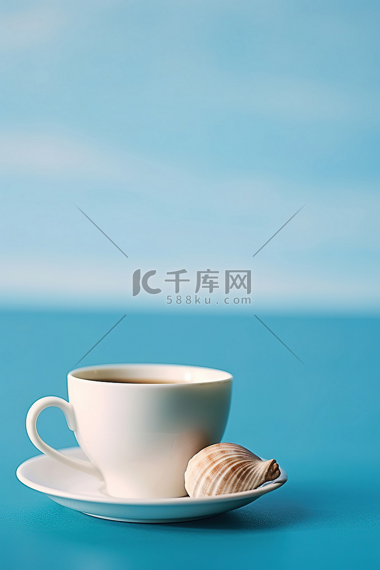 有海贝壳和蓝色背景的咖啡杯