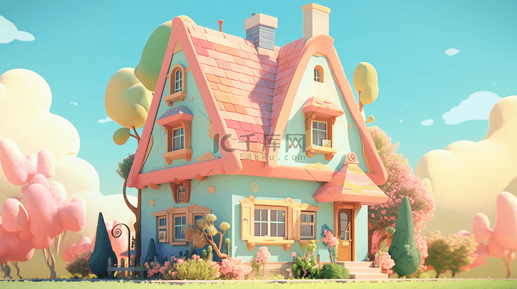 草地粉色可爱的房子卡通房子背景